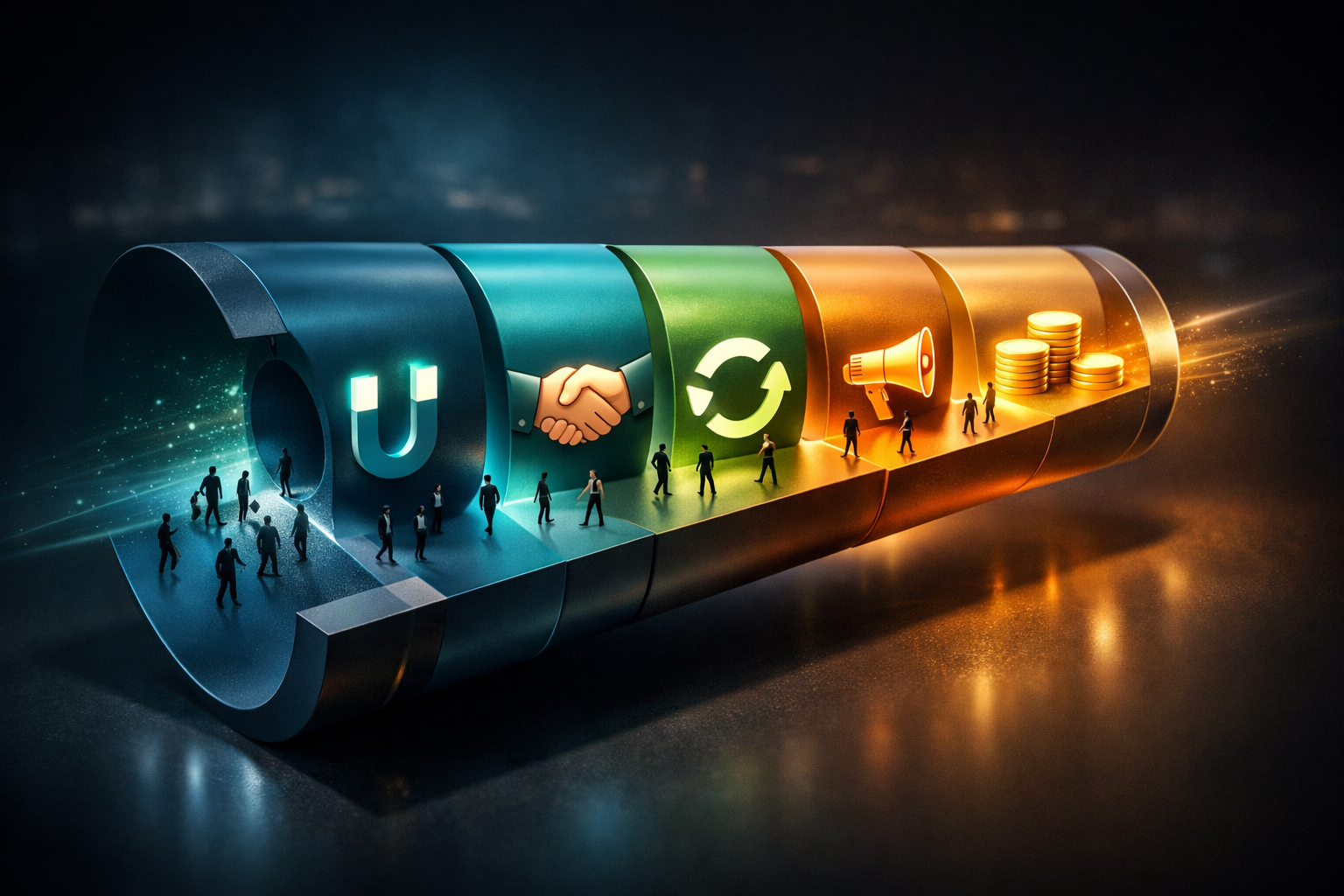 Professional () detailed illustration of the AARRR growth funnel as a three-dimensional pipeline cross-section viewed from