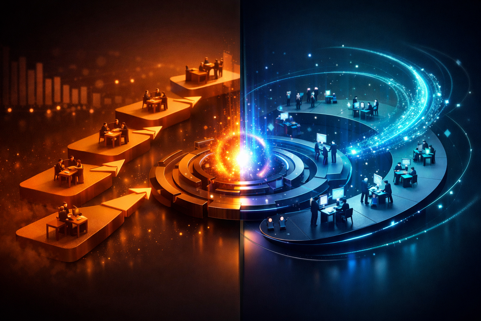 Professional () illustration showing a split-scene comparison: on the left, a traditional sales team with cold calls and