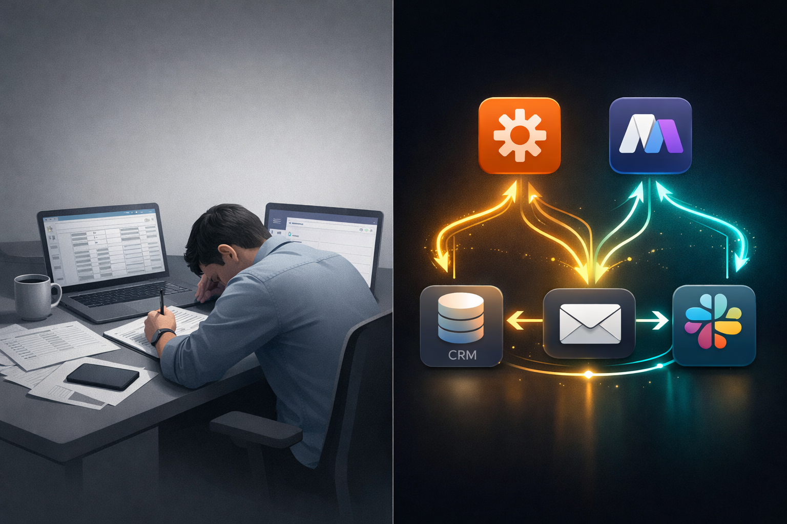 Professional () illustration showing two side-by-side scenes: left side depicts a person manually copying data between