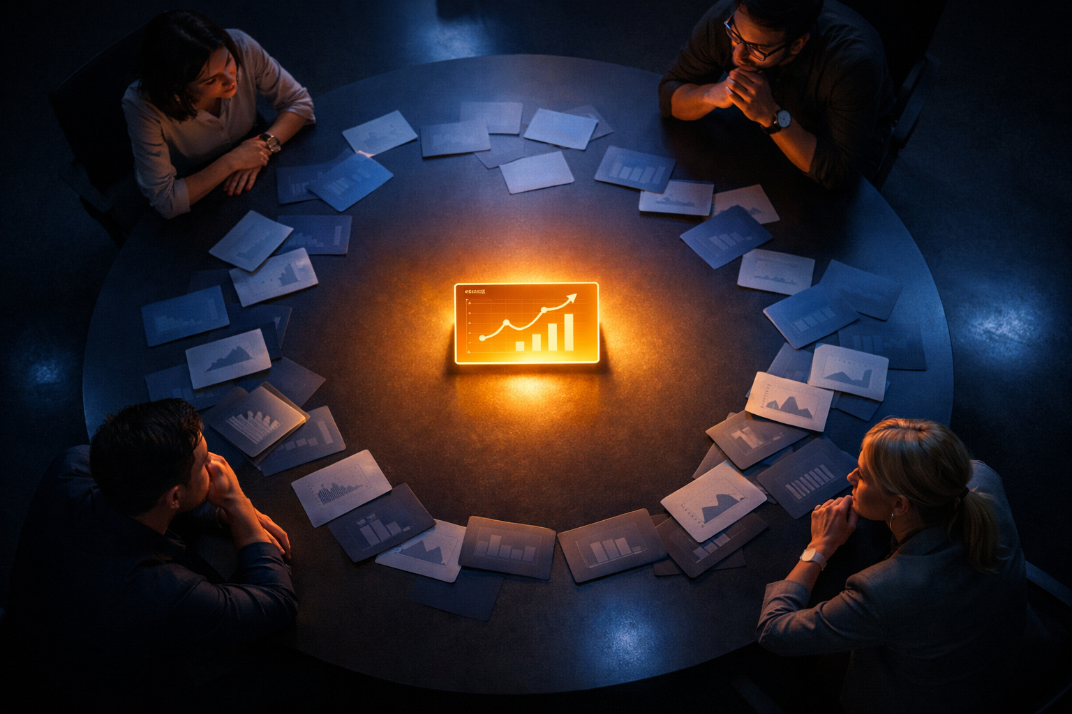 Professional () image showing a top-down aerial view of a product team gathered around a large circular table with a single