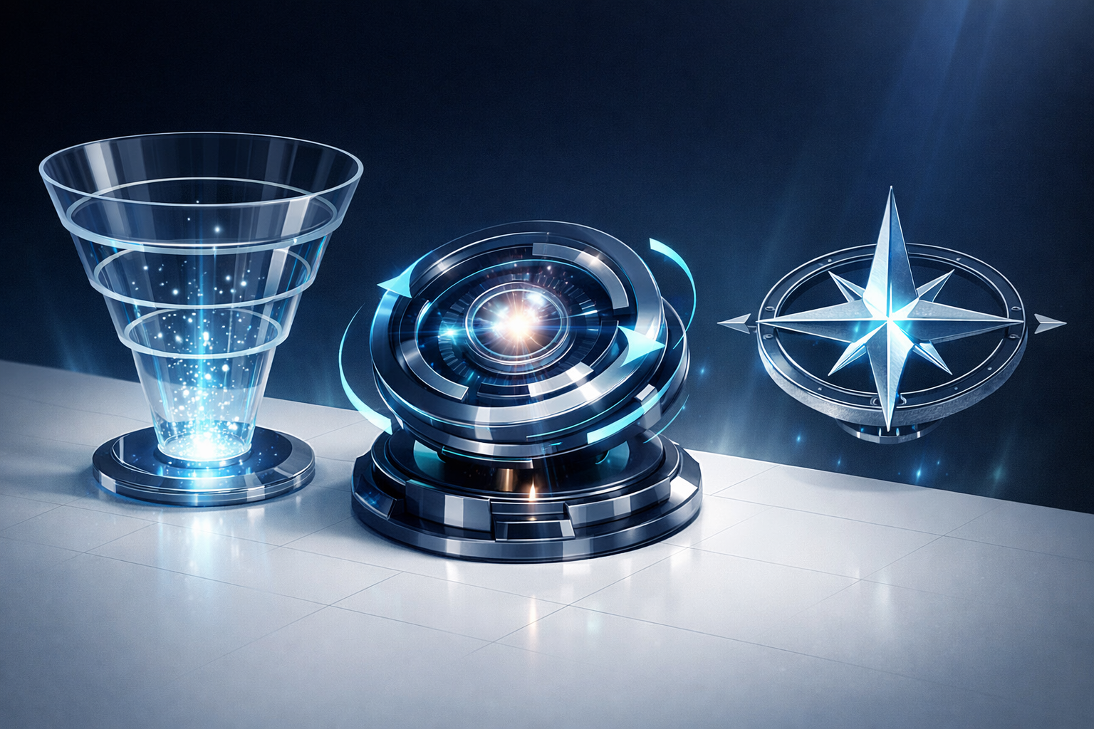 () conceptual illustration showing three interconnected architectural frameworks as physical structures: a transparent glass