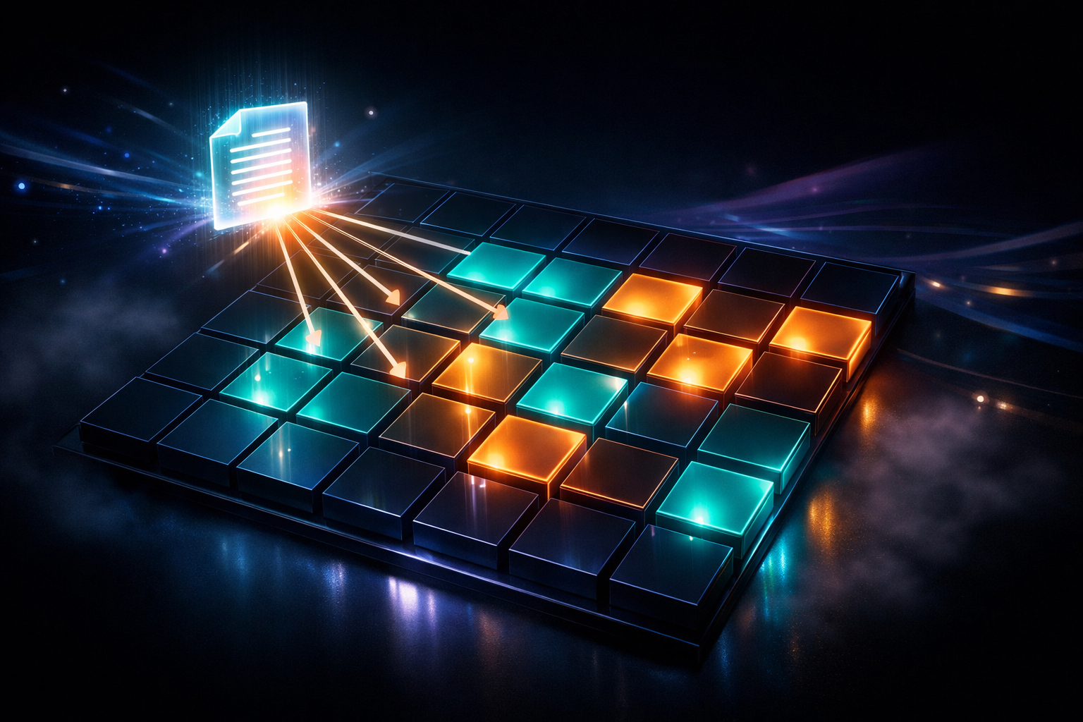 () detailed illustration showing a 3D content matrix grid viewed from a 45-degree angle, with rows labeled by content format