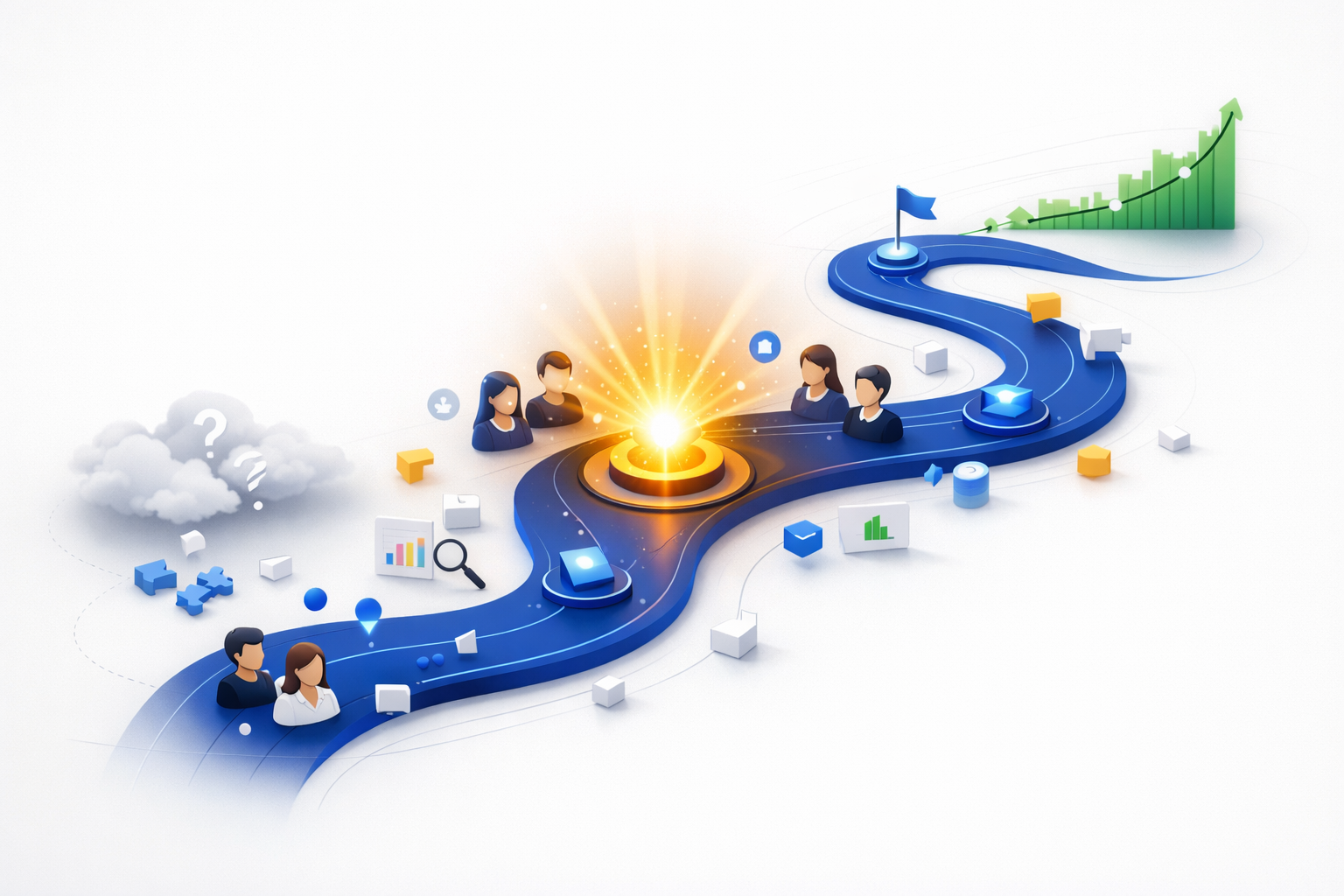 () detailed illustration showing a product onboarding journey map as a winding path from confusion to clarity: a top-down