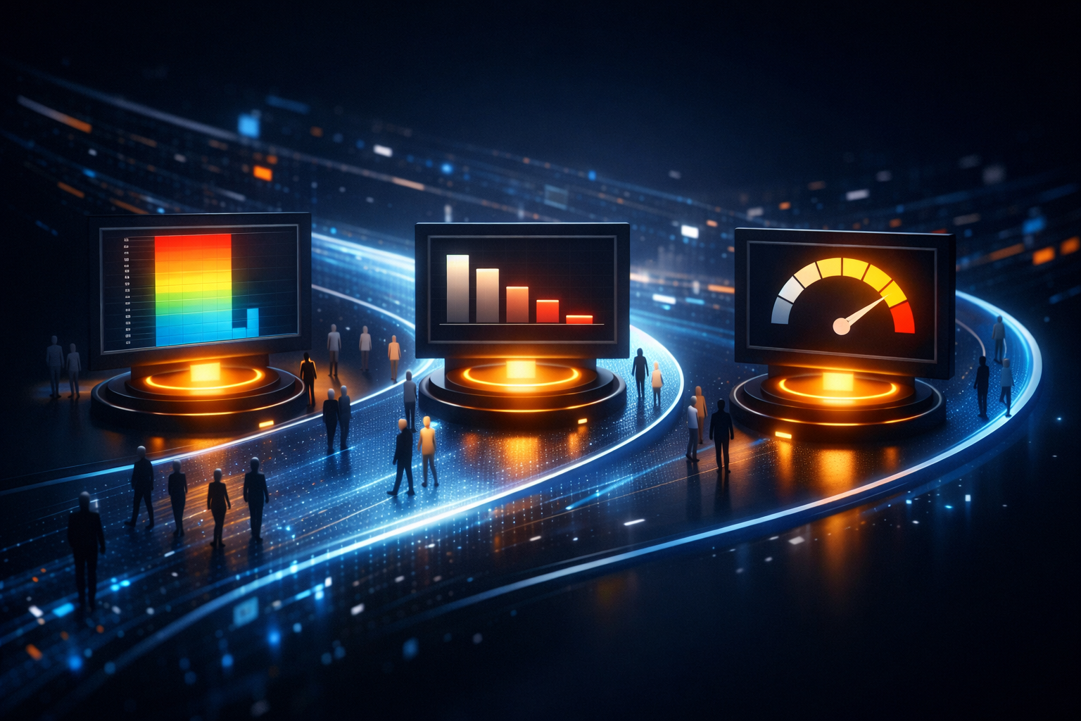 () detailed illustration showing three distinct checkpoint stations along a user journey funnel, visualized as glowing amber