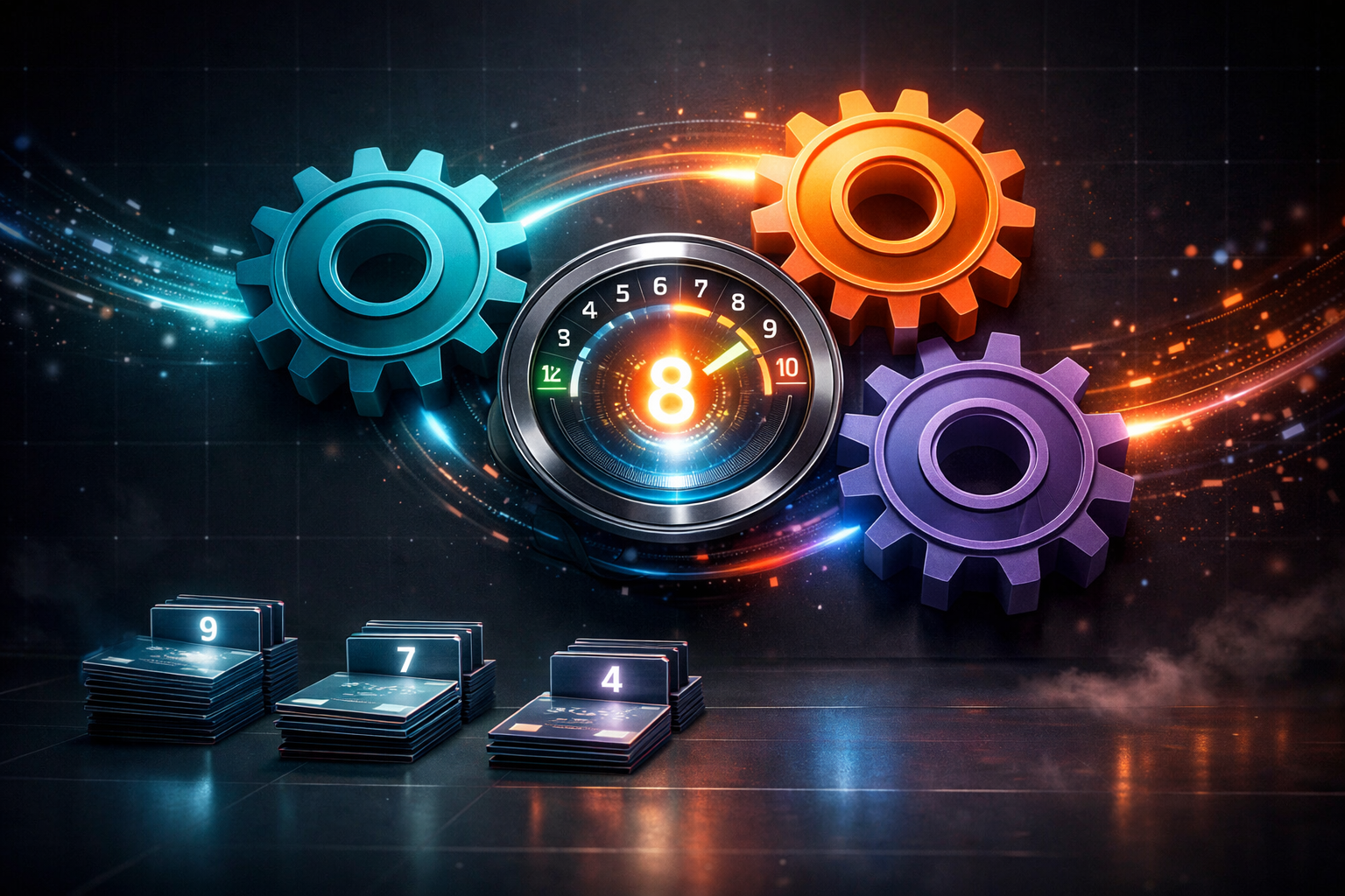 () detailed infographic-style illustration showing the ICE scoring model as three interconnected gears labeled Impact,