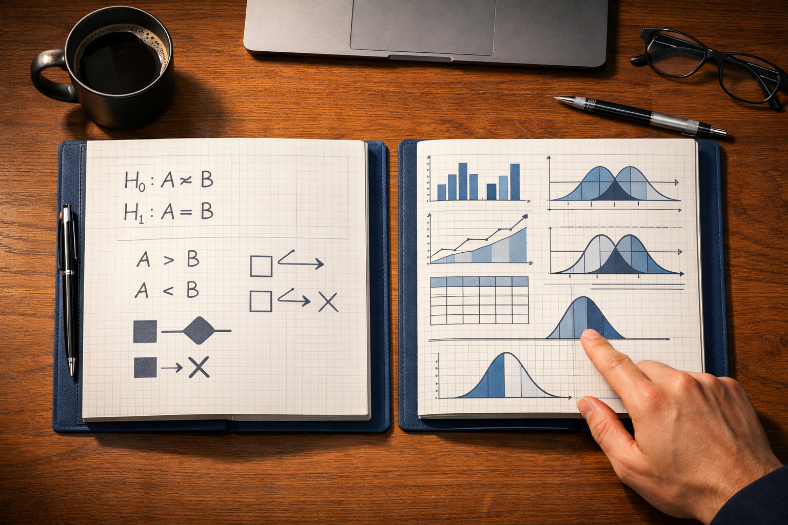 () editorial illustration showing a top-down view of a wooden desk with two side-by-side experiment notebooks: one labeled
