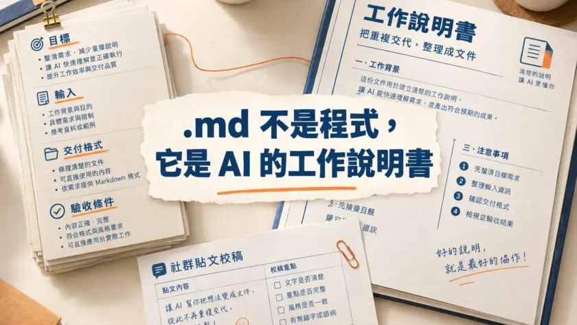 桌上攤開的工作說明書文件，標示目標、輸入、交付格式與驗收條件