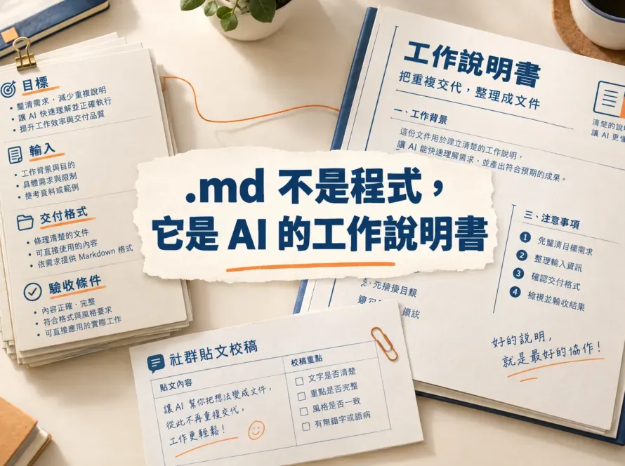 桌上攤開的工作說明書文件，標示目標、輸入、交付格式與驗收條件